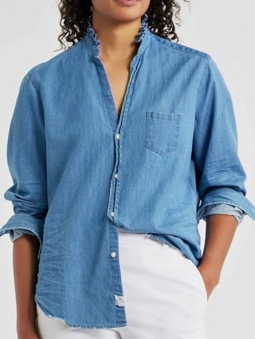 Frank & Eileen Eileen Chambray Ruffle Collar Shirt Size XS New